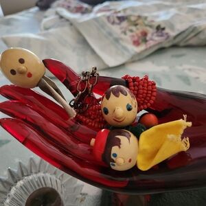 Vintage German Finger Puppets Wood Peg Heads Cloth Bodies Lot of 3